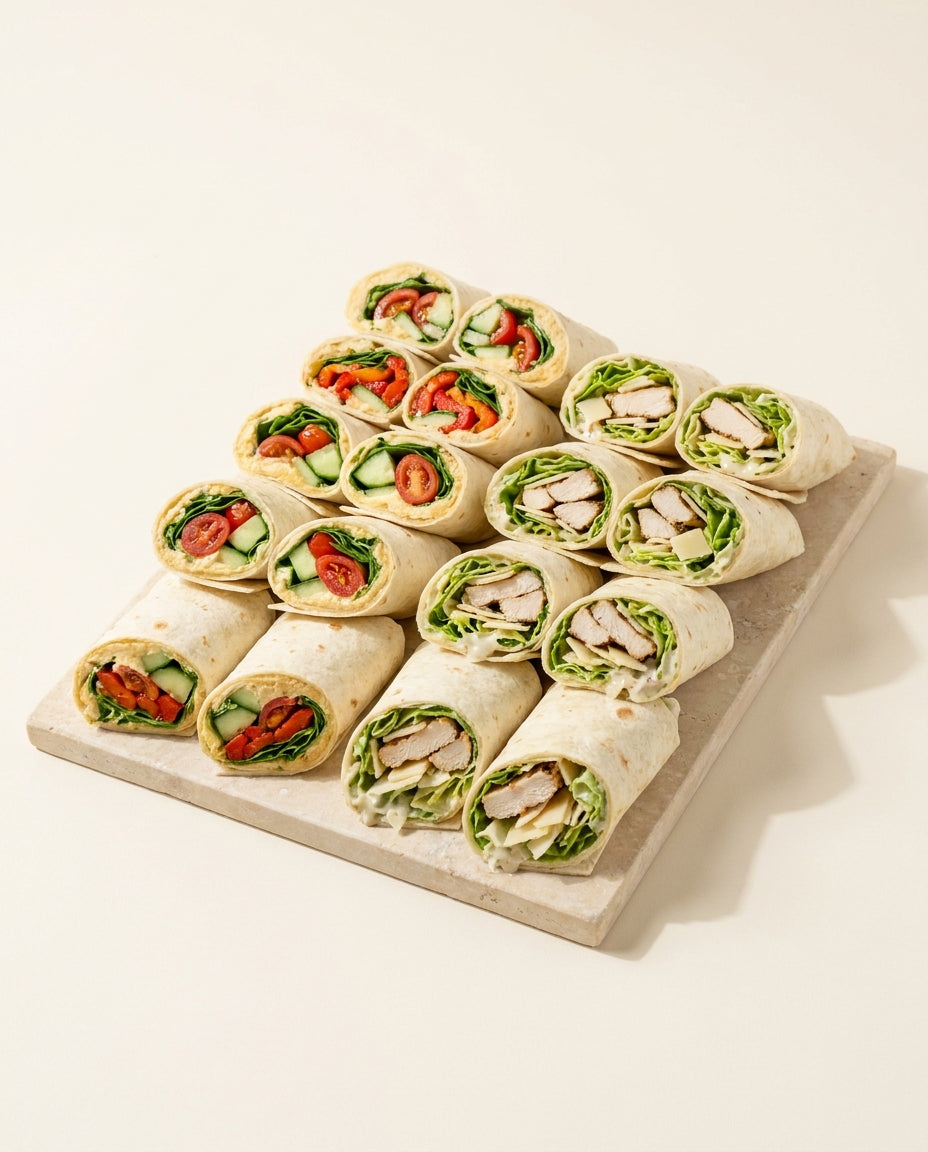 Meetingplatte Wraps – Veggie Hummus & Hähnchen Caesar